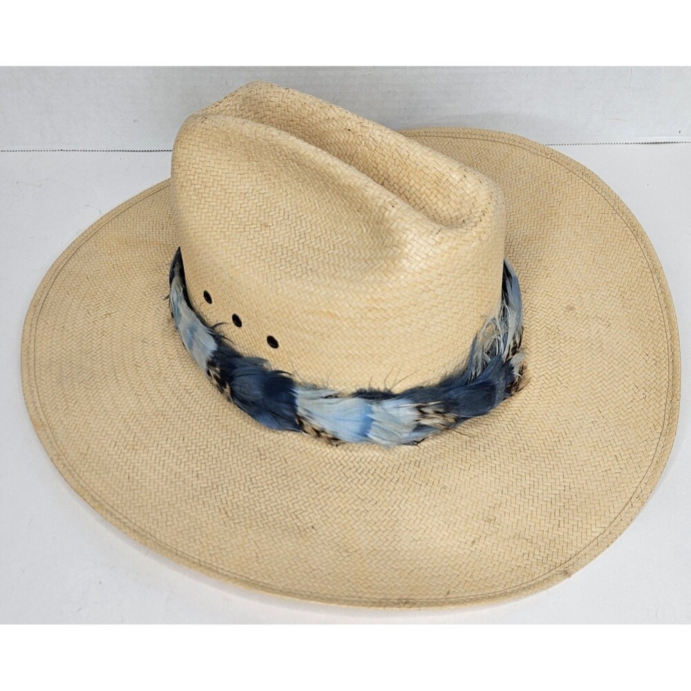 Vintage Stetson Cowboy Hat 4X Western Blue Feather Hatband. Size 7 1/8.